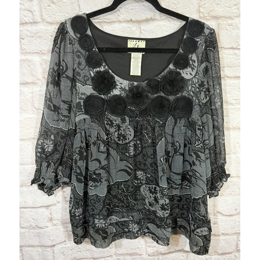 Vintage Black Babydoll Top Rosettes Floral Puff Sleeve Ruffle Dark Fairy Women L - Picture 1 of 9